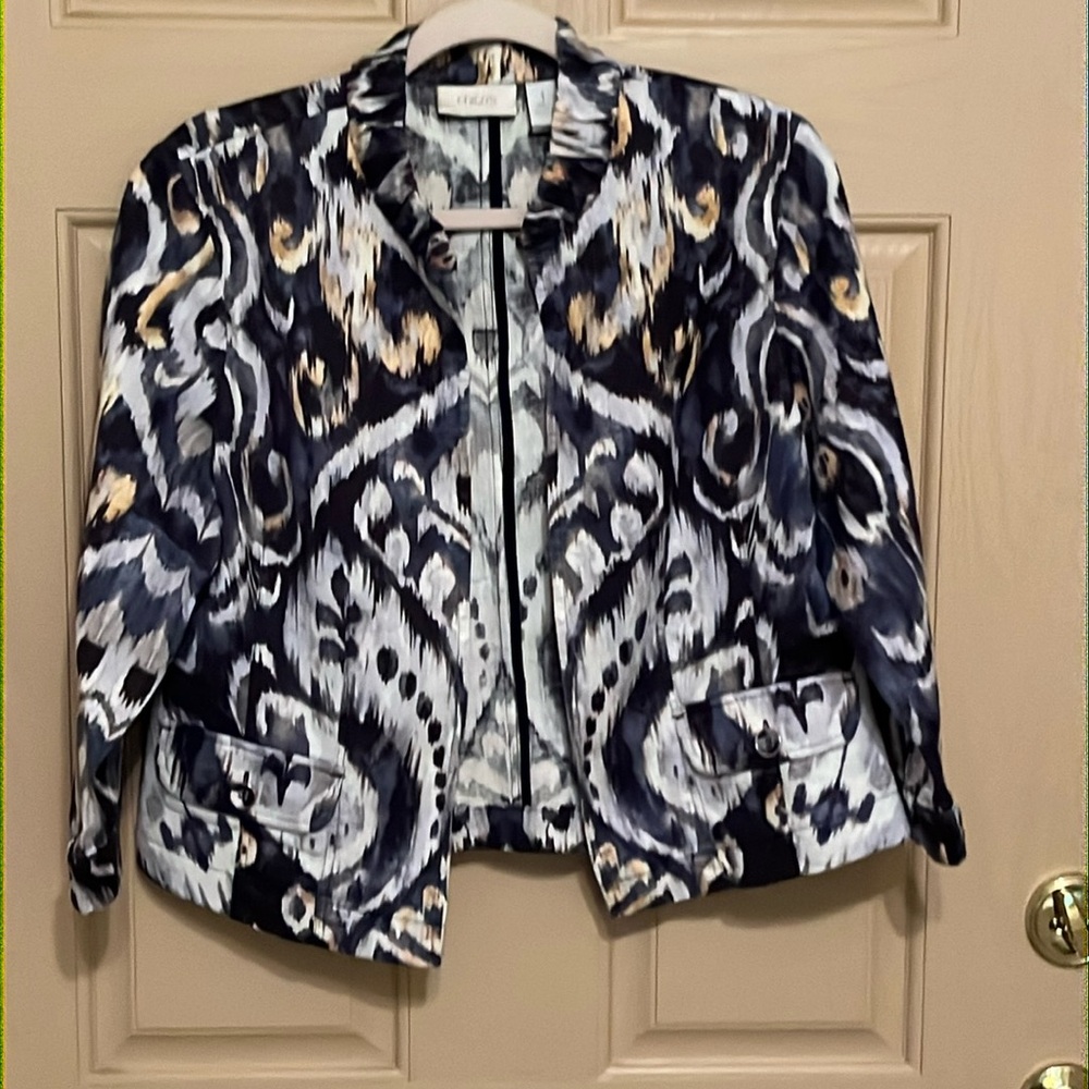 Chico’s Mandarin Collar No Buttons/zipper 3/4 Sleeves Women’s Jacket Size 1